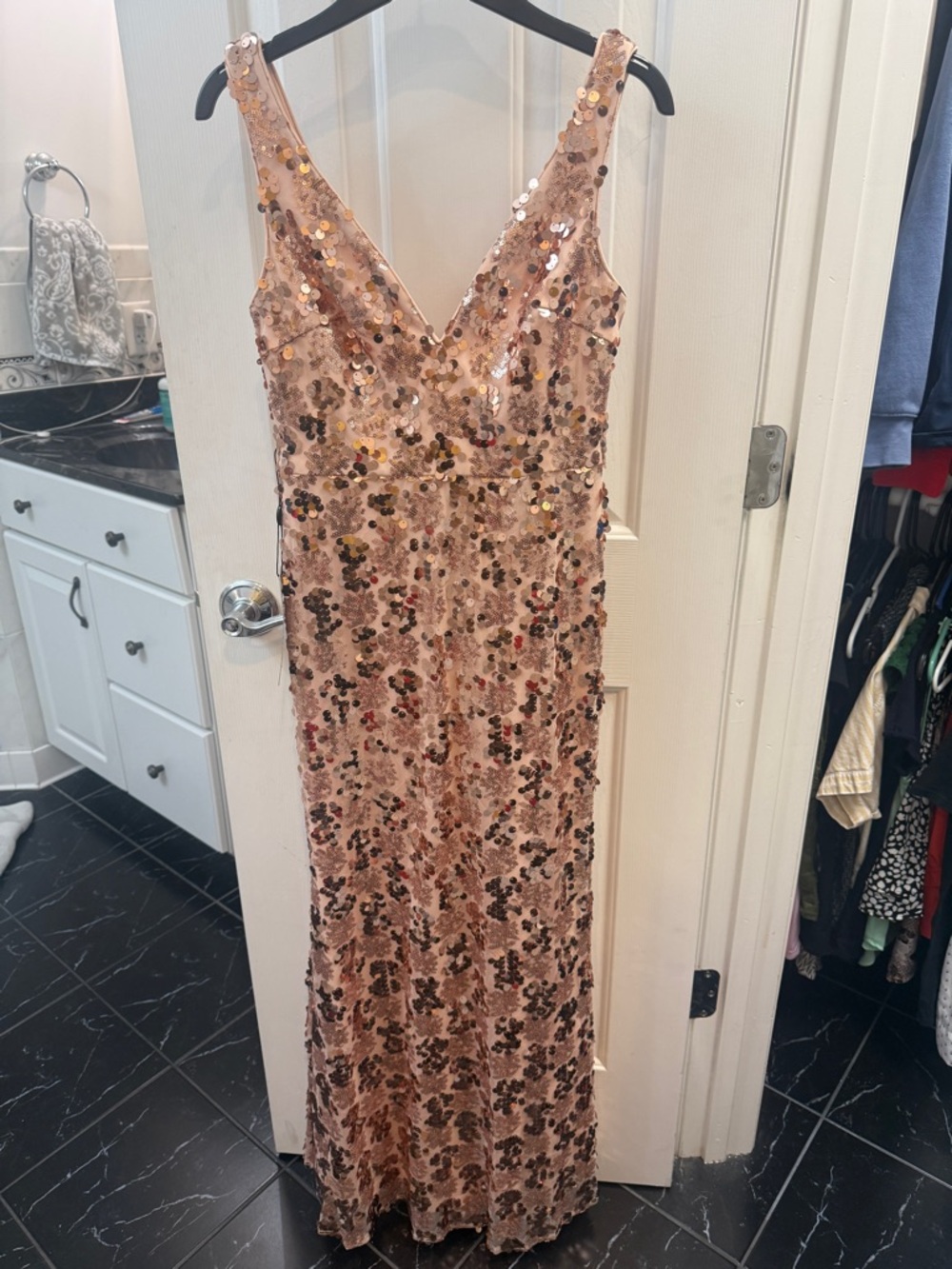 Ever Pretty Rose Gold Sequin V Neck Prom Dress